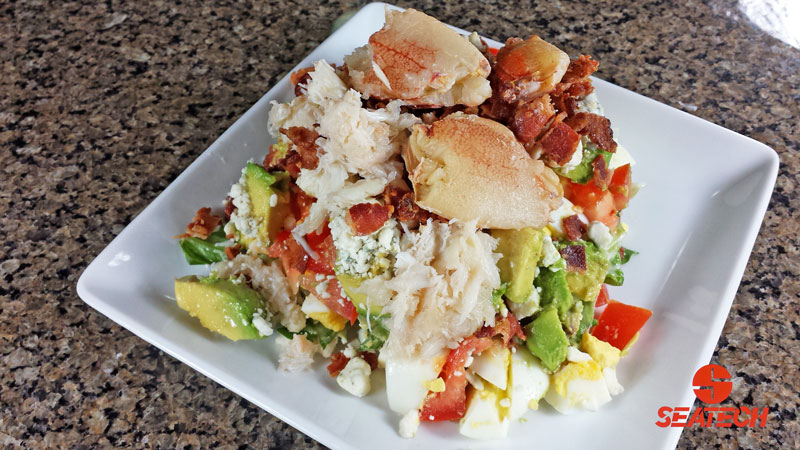 chilean crab meat cobb salad A photograph of a Chilean crab COBB salad with crab, bacon, tomatoes, avocado, diced egg, blue cheese and lettuce.