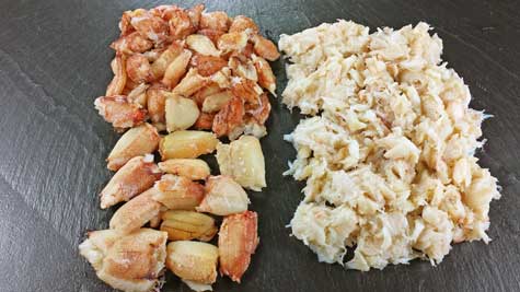 chilean handpicked crab meat A photograph of plump and juicy Chilean crab claw and leg meat next to handpicked body meat.